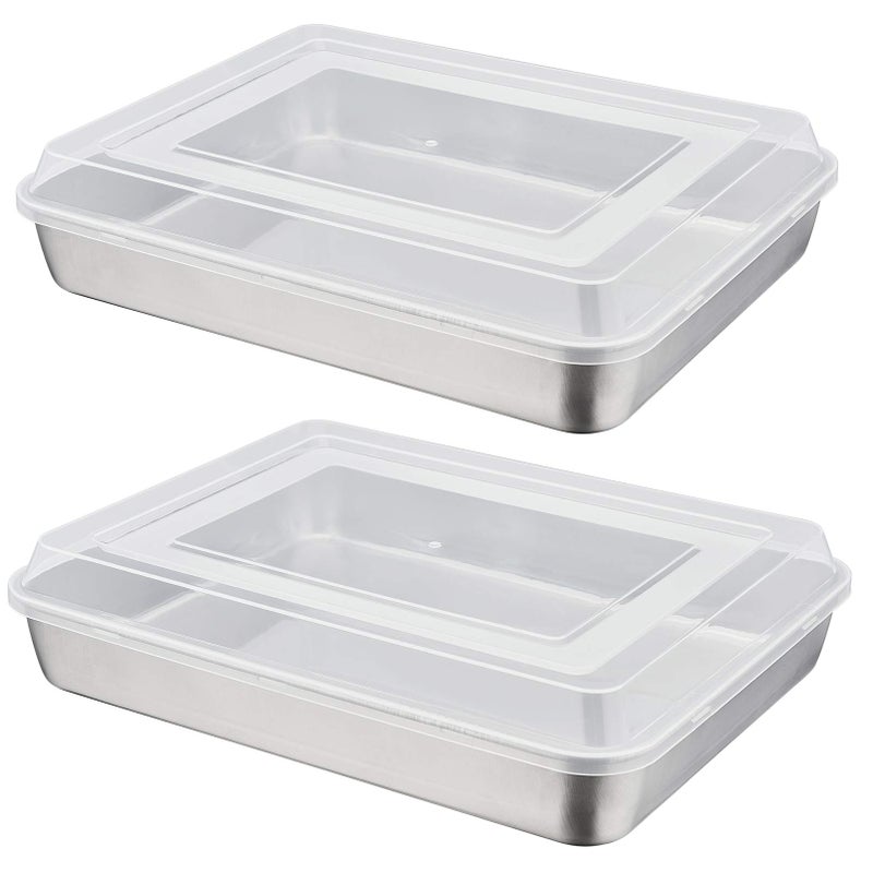 P&P CHEF 12.3 Inch Baking Lasagna Pan with Lid  P&P CHEF Rectangular Cake Pan Stainless Steel and Airtight Plastic Lids  Ideal for Cooking Reheating Roasting Baking Storing  Heavy Duty - Set of 4 - Image 1